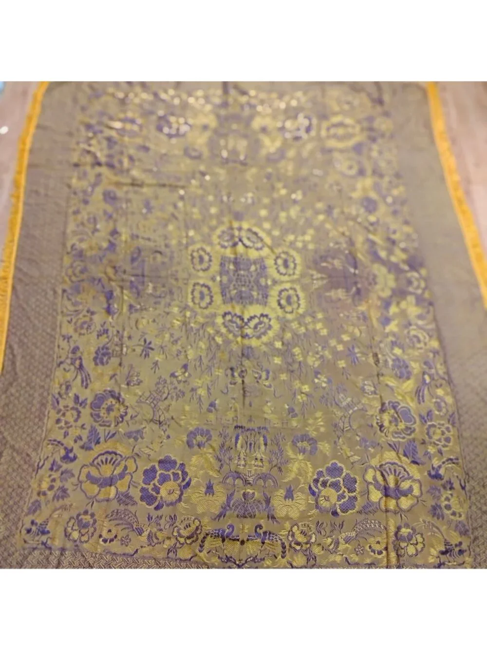 Vintage Bed Cover Purple & Gold Asian Design Polyester 82 X 94